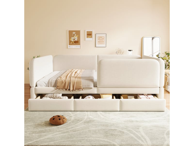 Lit enfant rembourré en velours 140x200 cm, lit double avec barrières périphériques, coins arrondis, tiroir et sommier à lattes, beige - Conforama D