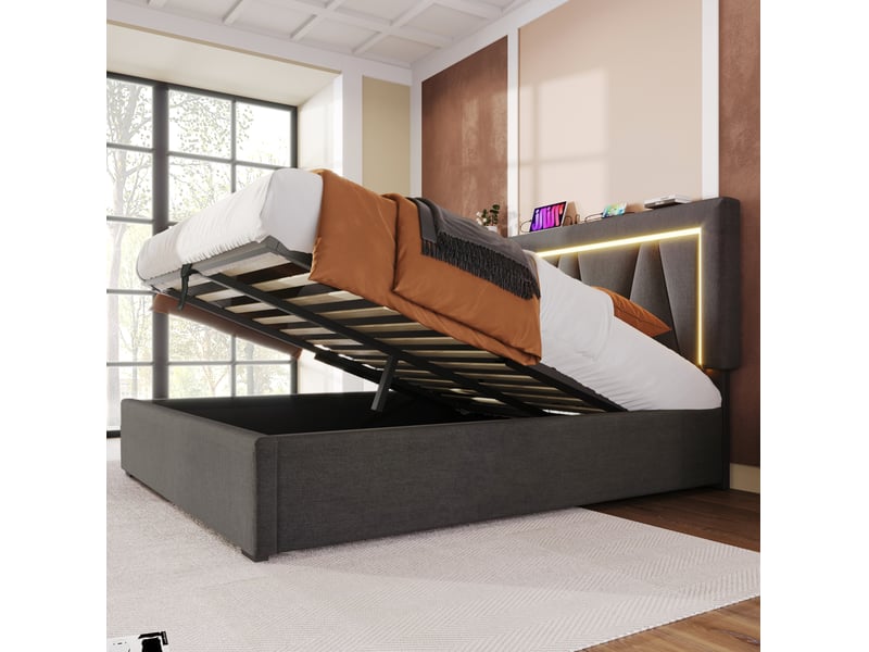  Modenvie lit coffre 160x200 cm - led, usb-c et tête de lit réglable, sans matelas - gris  - Conforama D