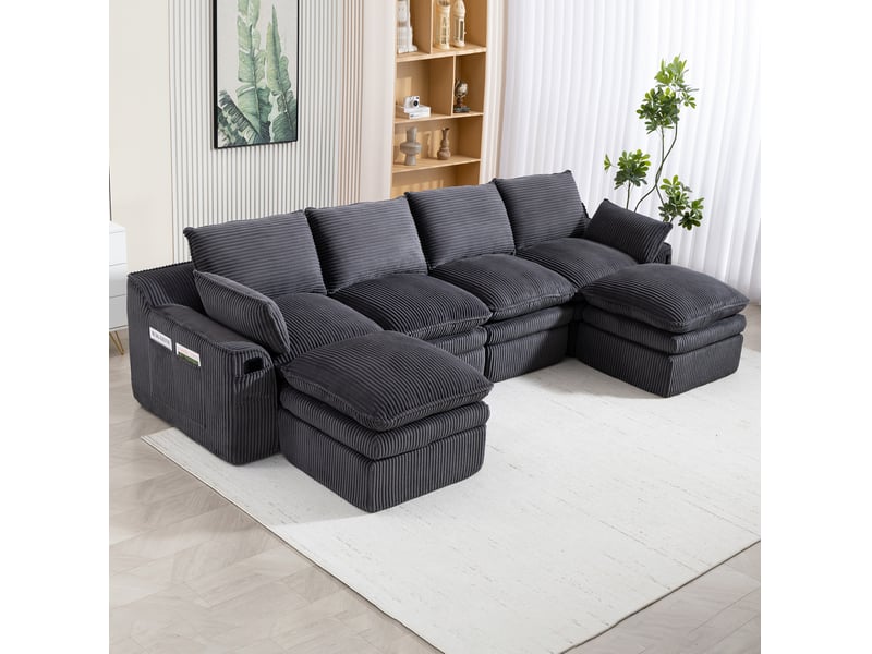  Canapé modulable ulevr 4 places en velours côtelé gris foncé avec 2 poufs, coussins et poches latérales  - Conforama D