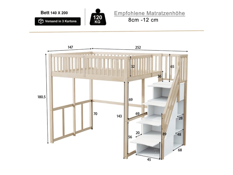 Lit mezzanine enfant 140 x 200 cm, escalier sécurisé avec rangement, barrières de protection, pour enfant ou adulte, pin massif, naturel evarich - Conforama C