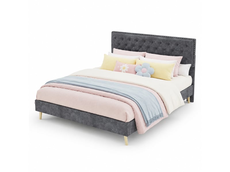  Lit adulte 160 x 200 cm, sans matelas, velours gris, doté de tête de lit moelleuse et sommier, lit 2 places  - Conforama A