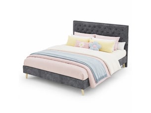 Lit adulte 160 x 200 cm, sans matelas, velours gris, doté de tête de lit moelleuse et sommier, lit 2 places