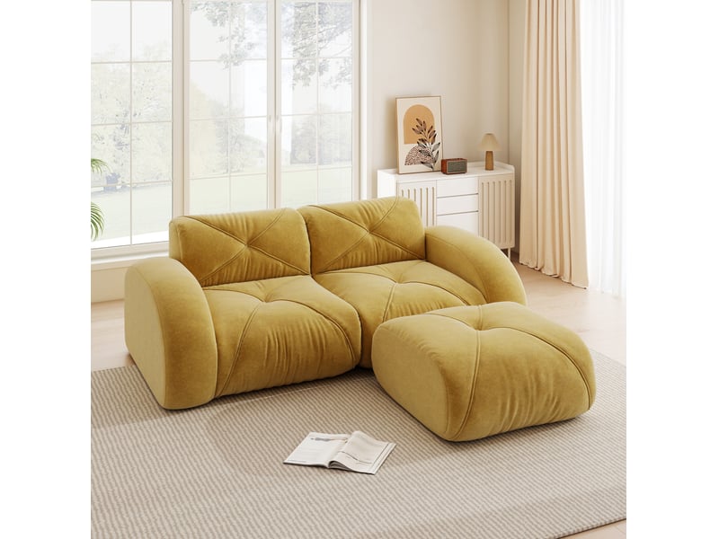 Canapé modulable 2 places avec pouf en chenille jaune 204 x 171 x 76 cm - Conforama B