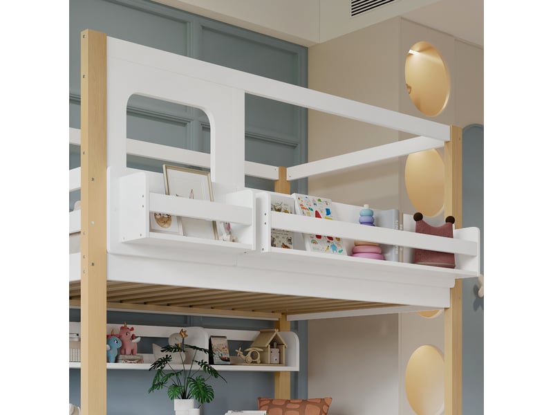  Lit mezzanine, lit simple avec table rabattable, escalier de rangement et étagère, 200x90 cm, sans matelas  - Conforama E