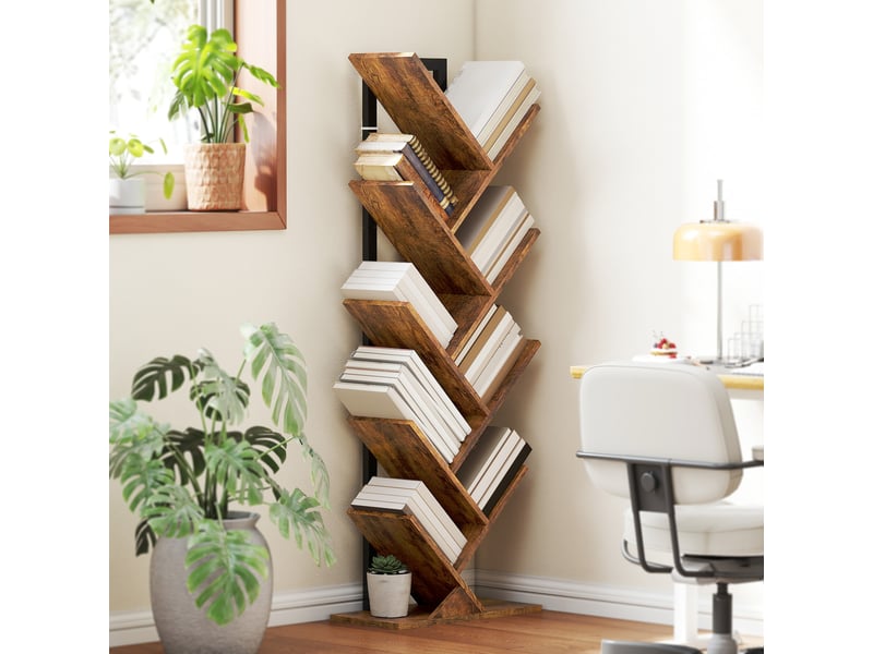  Bibliothèque arbre à 9 niveaux, meuble de rangement industriel avec cadre en acier, 50x24x136cm, brun rustique  - Conforama C