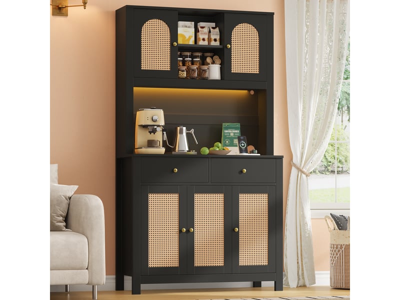  Meuble de cuisine muvano, armoire de cuisine noire avec portes en rotin, 100 × 40 × 180 cm  - Conforama B