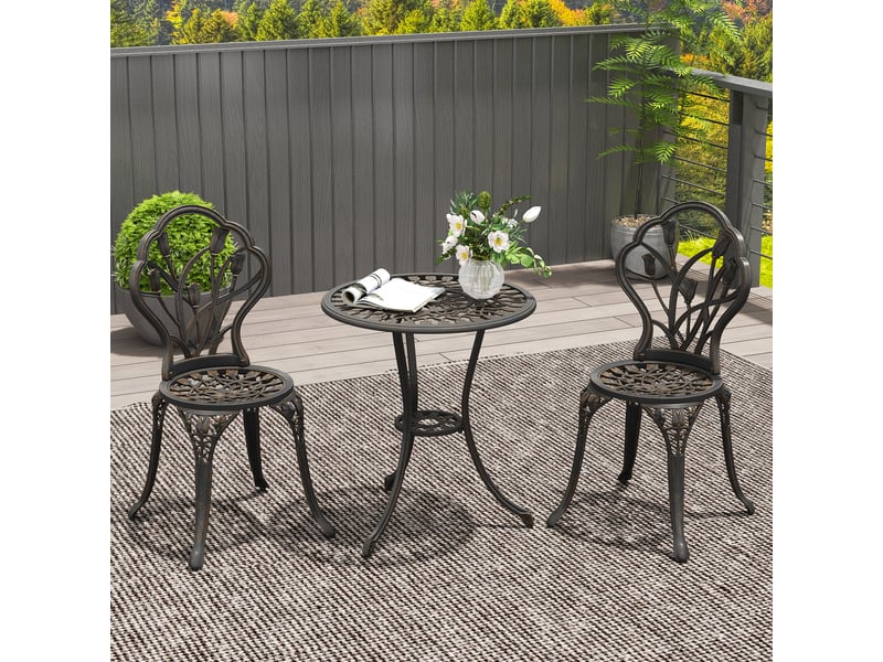  Ensemble de jardin 3 pièces comprenant 2 chaises et une table ronde avec trou pour parasol, bronze  - Conforama C
