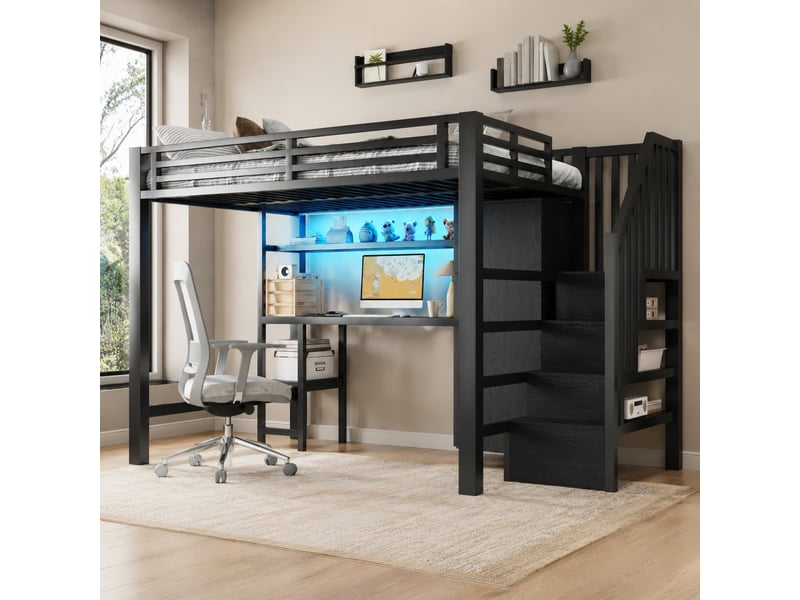  Lit mezzanine double 140×200 cm bureau, armoire et led réglable  - sans matelas, mdf et métal - noir  - Conforama B