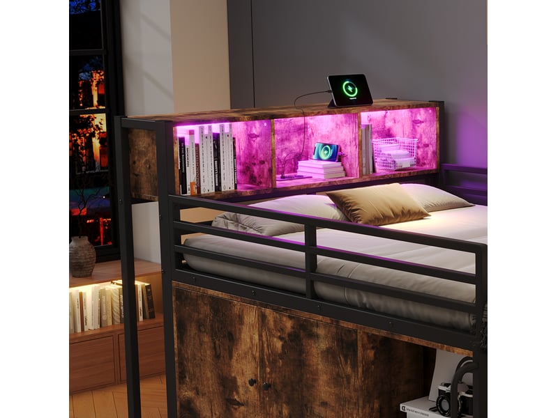  Lit mezzanine 120x200 cm avec rangement, led et prise, noir décor bois  - Conforama E