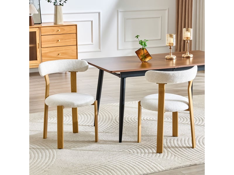  Chaise de salle à manger 79 cm bouclé respirant chaise repas bois massif de caoutchouc revêtement bouclé blanc dossier ergonomique pieds stables patins antidérapants seule  - Conforama B