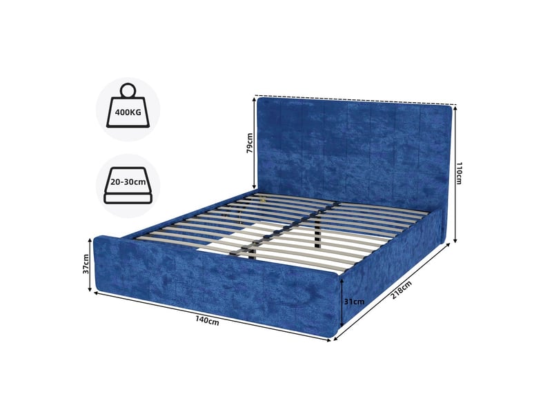 Lit coffre rembourré velours bleu avec tête de lit espace de rangement pour matelas 140x200 cm  - Conforama C