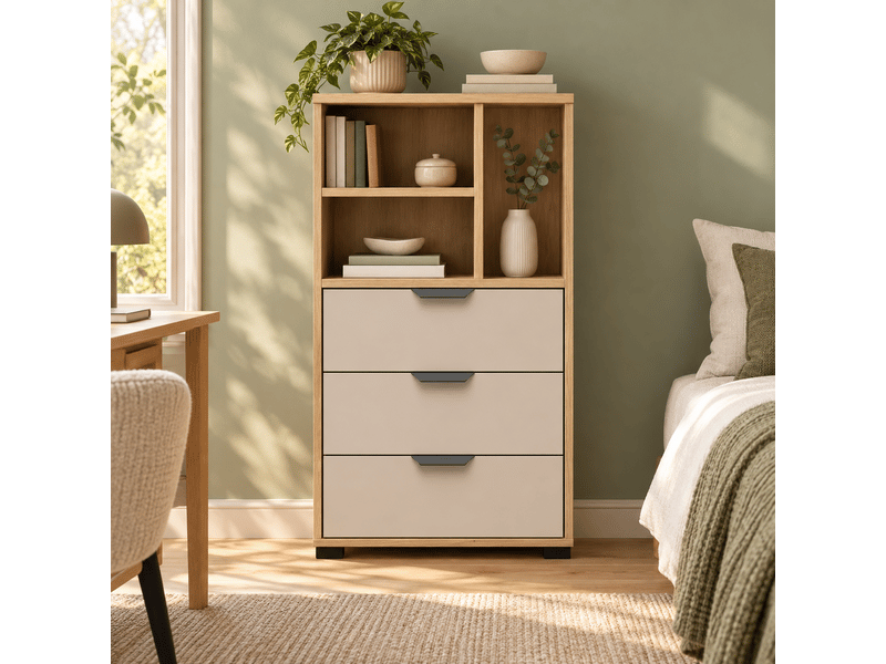  Bibliothèque meuble de rangement avec 3 tiroirs et 3 niches coloris chêne mauvella cachemire - longueur 60 x profondeur 40 x hauteur 102,5 cm  - Conforama B