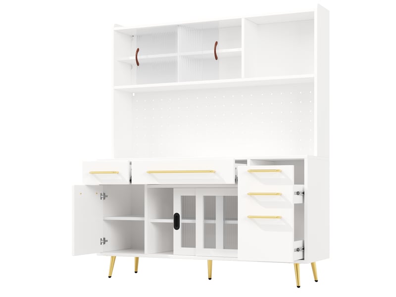 Buffet haut led avec pegboard, 2 tiroirs et portes coulissantes, 145x39x171 cm, mdfverre, blanc  - Conforama E