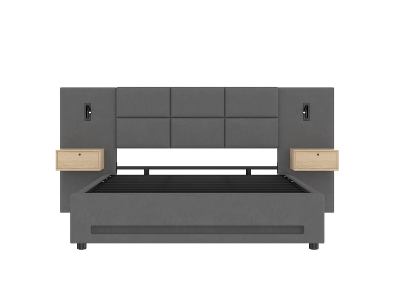  Lit rembourré 160x200, avec tête velours, tiroirs, led, usb-c, coffre hydraulique, structure métallique, gris  - Conforama A