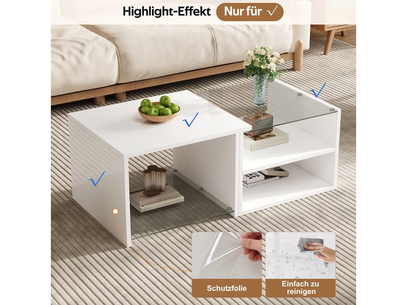  Table basse compartiments ouverts plateau en verre panneaux de particules éclairage led finition brillante conception à niveaux décalés  - Conforama E