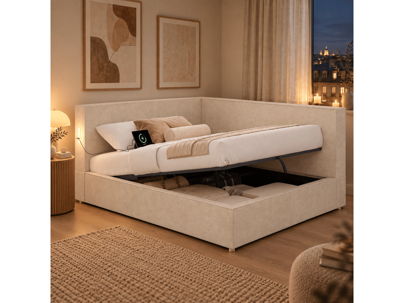  Lit avec rangement - lit jeune beige chenille 140x190 cm, rangement hydraulique et confortable  - Conforama E