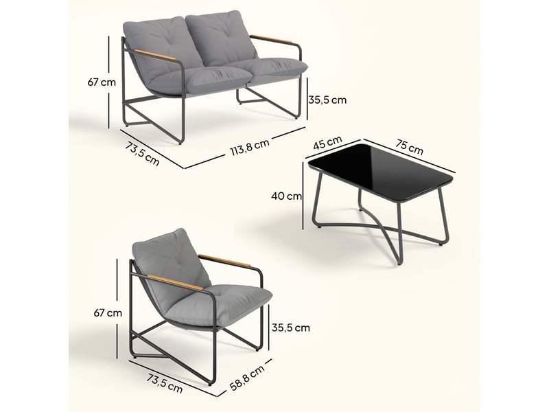 Salon de jardin 4 pcs avec canapé 2 pl. 2 fauteuils et table basse, coussins, gris clair - Conforama E