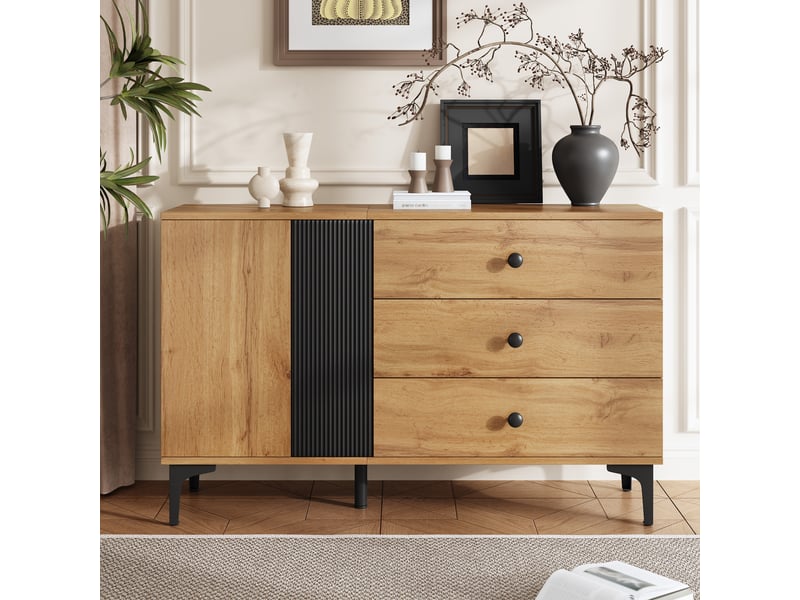  Buffet moderne 120x35x76 cm, meuble rangement noir et naturel avec portes et tiroirs, design contemporain pour salon ou cuisine  - Conforama W