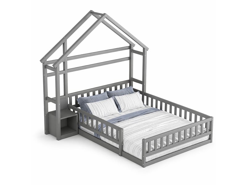  Lit cabane enfant 140 x 200 cm avec barrière et table de chevet, gris  - Conforama A