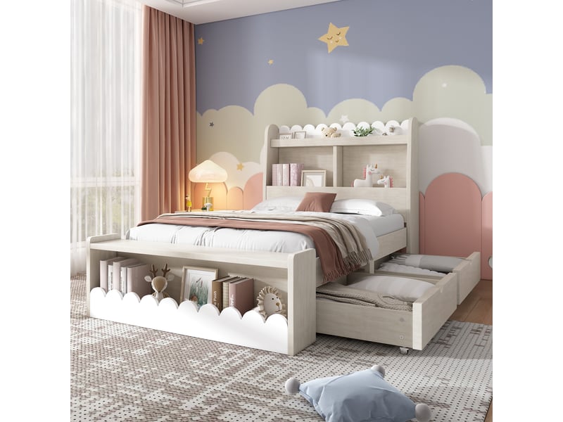 Lit enfant avec rangement 90 x 190 cm, tiroirs de rangement, étagères de rangement, banquette avec rangement, bois massif et mdf, blanc et chêne clair ABC - Conforama E
