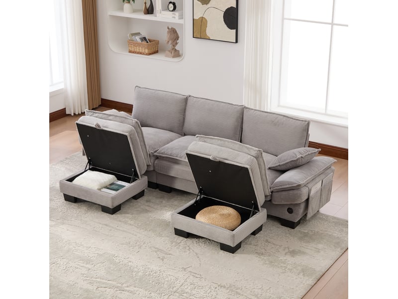  Canapé modulable 3 places en velours côtelé gris clair avec 2 poufs, usb-c et rangement pour le salon  - Conforama E