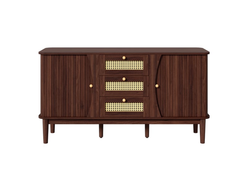 Buffet 141 x 40 x 77 cm noyer foncé en mdf, 3 tiroirs en rotin, 2 portes coulissantes et étagères réglables - Conforama D