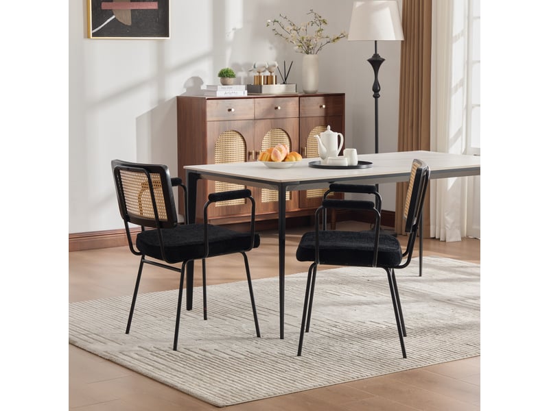  Lot de 2 chaises de salle à manger, chaise noire avec accoudoirs, dossier aspect rotin et pieds en métal  - Conforama W