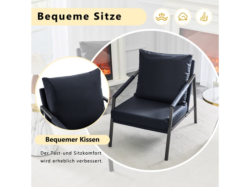  Fauteuil d'accent 67x67x80cm – fauteuil salon individuel rembourré avec structure en métal noir – simili cuir - noir  - Conforama E