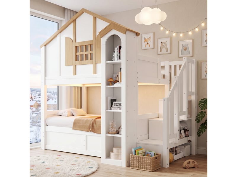  Lit superposé 90x200 cm, lit enfant, rangement hydraulique, escalier avec rangement, led, bois de pin blanc, style cabane  - Conforama W
