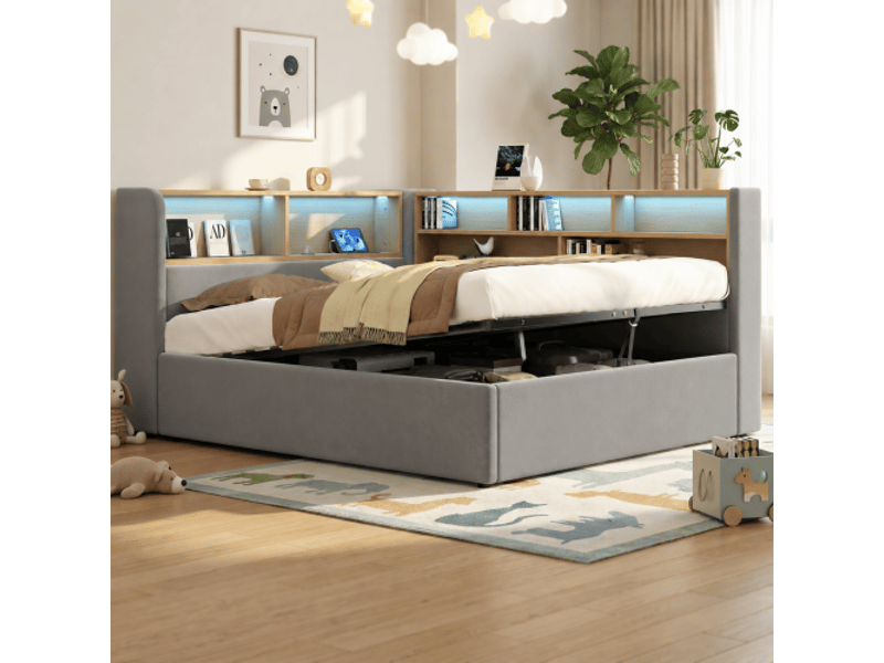  Lit de jour 140x190 cm - canapé-lit velours gris, rangement hydraulique, led, usb, dossier réglable  - Conforama B