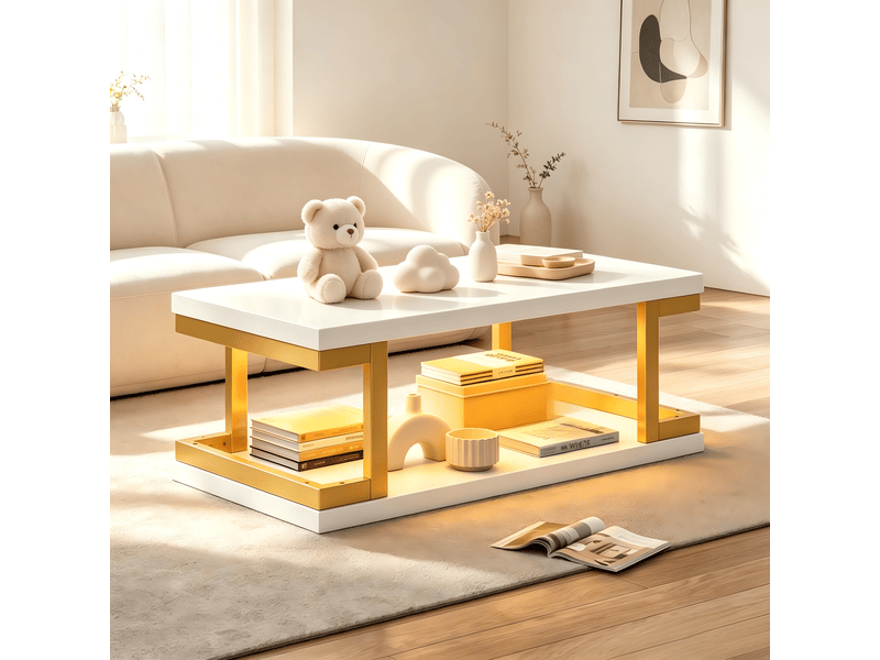  Table basse avec led rgb 100x50 cm, table de salon blanc et or en mdf et métal, 2 niveaux, charge 50 kg  - Conforama B