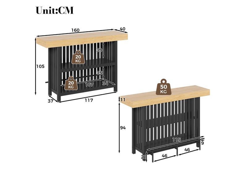  Table de bar 160x40x105 cm avec repose-pieds et rangement à 2 niveaux en mdf couleur noir et bois  - Conforama C