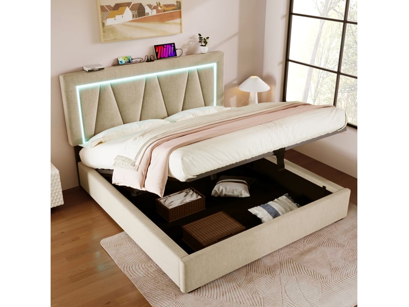  Lit coffre 140x200 cm avec matelas, led, usb et usb-c, tête de lit réglable beige  - Conforama E