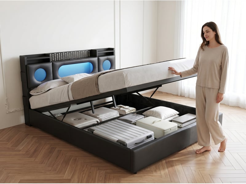 Lit coffre 140x200 cm en tissu effet lin - éclairage led et port usb - tête de lit avec rangement - sommier relevable - Conforama E
