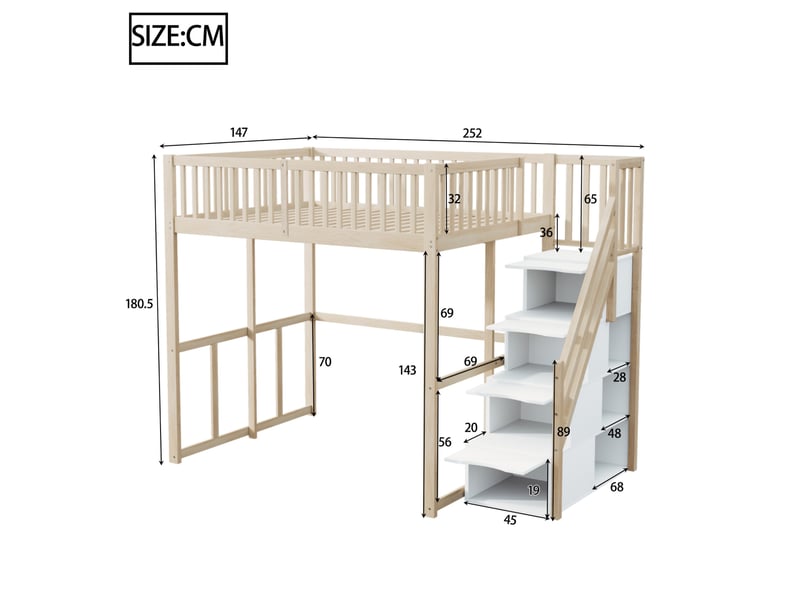  Lit mezzanine 140x200 cm avec escalier de rangement, barrières de sécurité, bois  - Conforama C