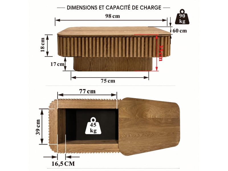  Table basse de salon muvano, table basse rectangulaire 98 cm avec rangement caché et design en bois cannelé naturel  - Conforama E
