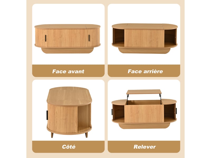  Table basse relevable ovale 100x50 cm, plateau réglable, portes à rideaux latérales, grand espace de rangement, couleur bois naturel  - Conforama R