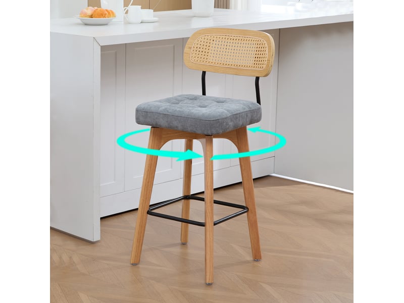  Lot de 2 tabourets de bar pivotants 360° en chenille grise et rotin 51x44x96 cm  - Conforama W