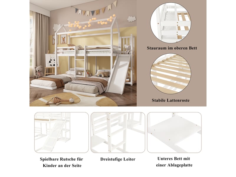  Lit superposé blanc 90x200 cm en pin et mdf, 3 couchages avec toit, toboggan, échelle à 3 marches et rangement en hauteur  - Conforama E