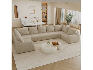 Canapé panoramique en u 7 places à compression sans montage, en tissu chenille kaki, 411 × 200 × 85 cm