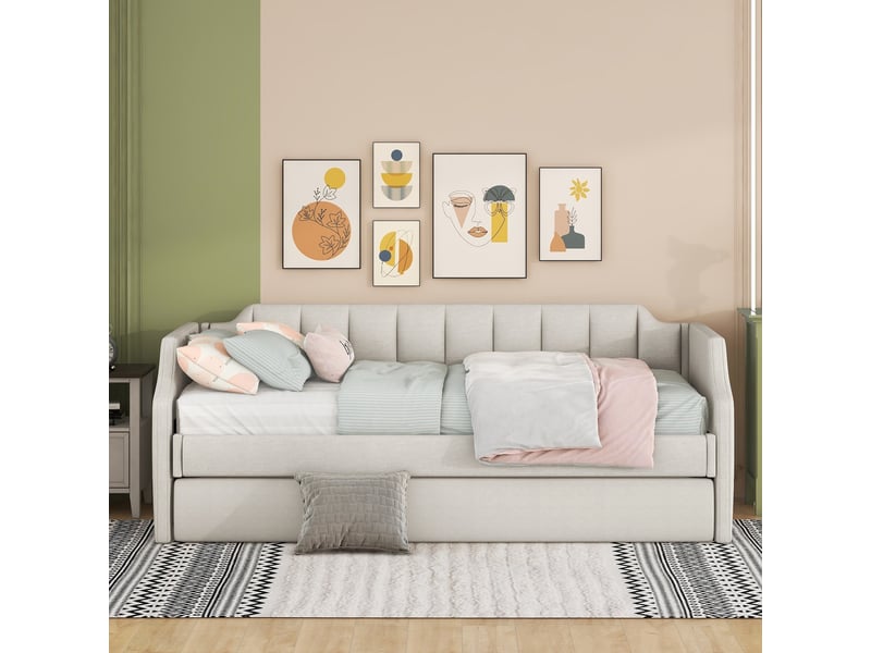  Lit de jour capitonné 90x200 cm avec lit gigogne - banquette lit beige en lin  - Conforama B