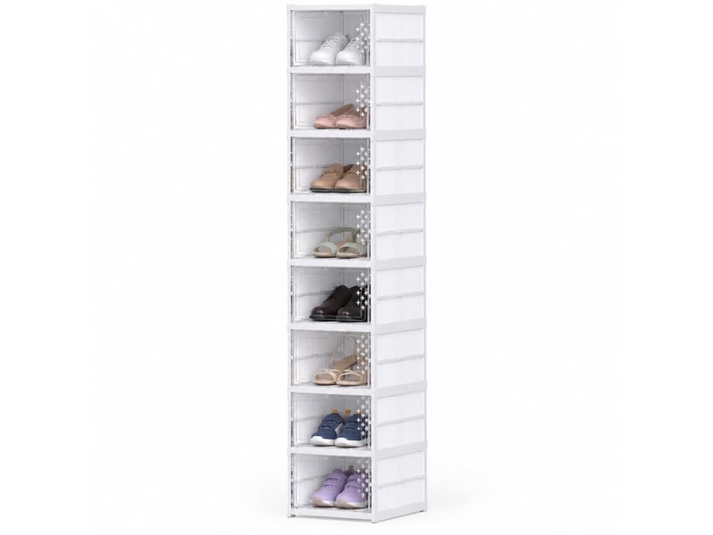  Boîtes à chaussures empilables et pliables, lot de 8, 26x35x140 cm, portes transparentes, plastique blanc  - Conforama A