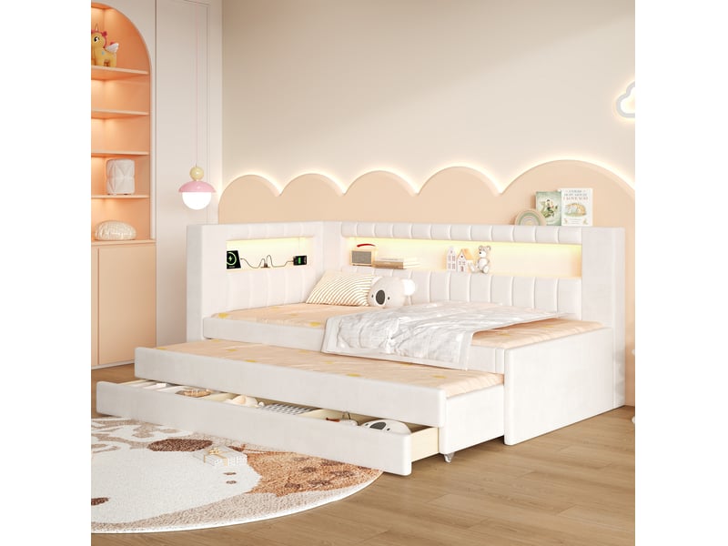  Lit banquette 90x200 cm blanc avec lit gigogne, 3 tiroirs, led et usb  - Conforama D
