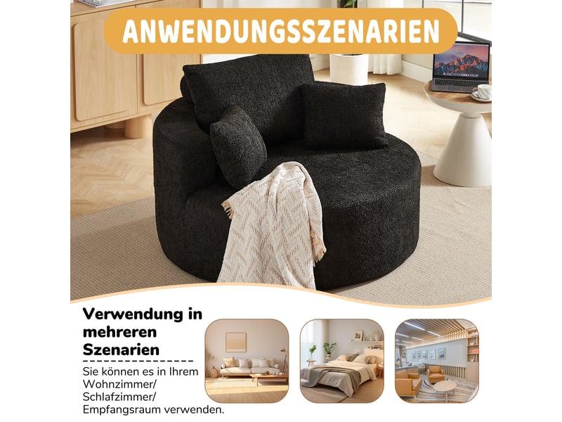  Fauteuil en chenille sans montage avec coussin de dossier et assise moelleuse pour salon noir  - Conforama E
