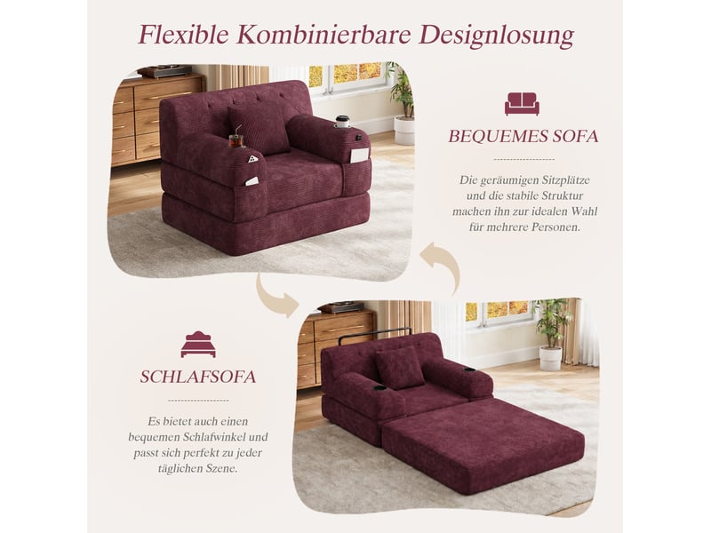 Canapé-lit tcqpz 1 place 107 x 80 x 81 cm convertible en velours côtelé bordeaux - Conforama E