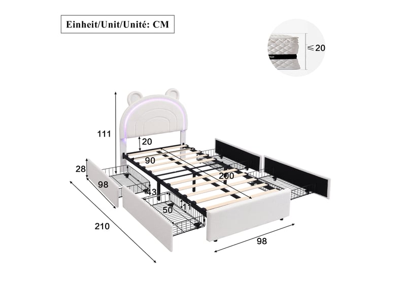  Lit enfant 90x200 cm, lit simple avec 4 tiroirs et led commandée par application couleur beige sans matelas, moderne  - Conforama C