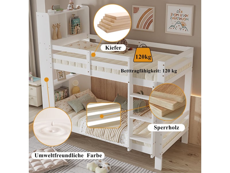 Lit superposé enfant 90x200 avec rangement, étagères et échelle de sécurité, cadre de lit en bois massif - Conforama E