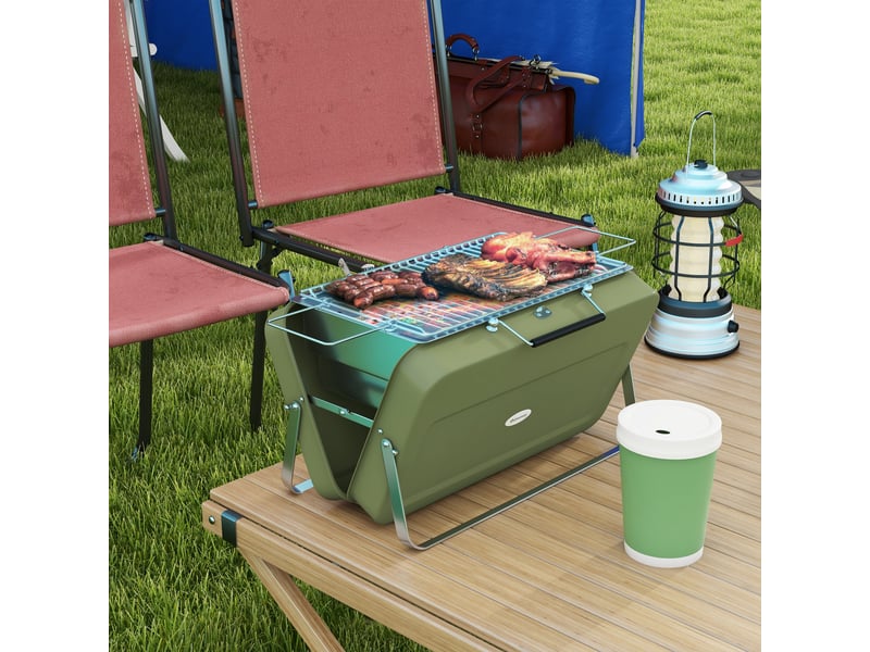  Barbecue portable au charbon de bois, mini barbecue pliable, avec bac à charbon et récupérateur de cendres, boîtier en métal, vert  - Conforama C