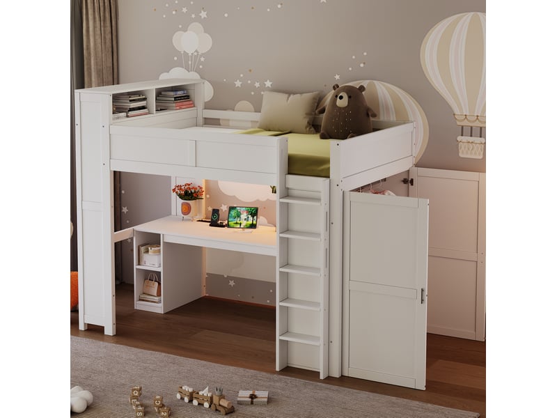 Lit mezzanine 90x200 cm blanc avec bureau, armoire, rangements, usb et led - Conforama E