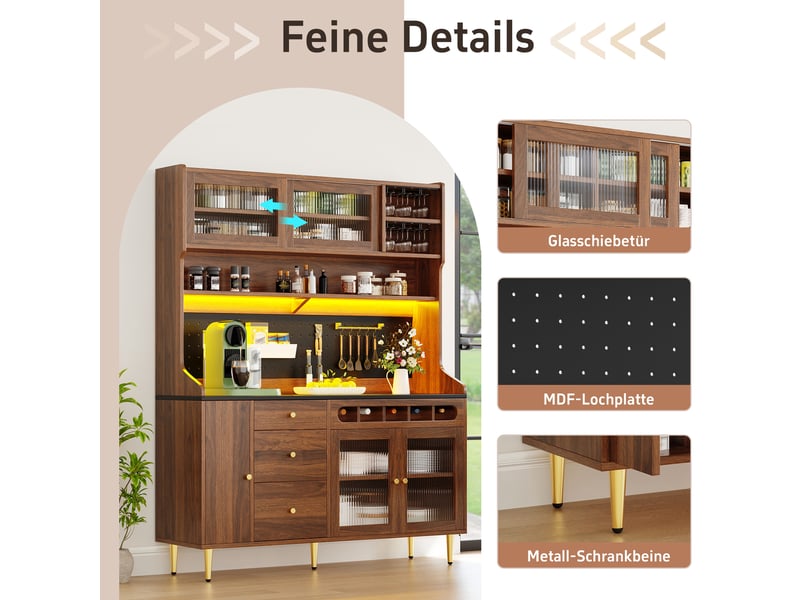  Armoire haute de cuisine vaisselier avec éclairage led, finition couleur noyer, 145x39x171cm  - Conforama W